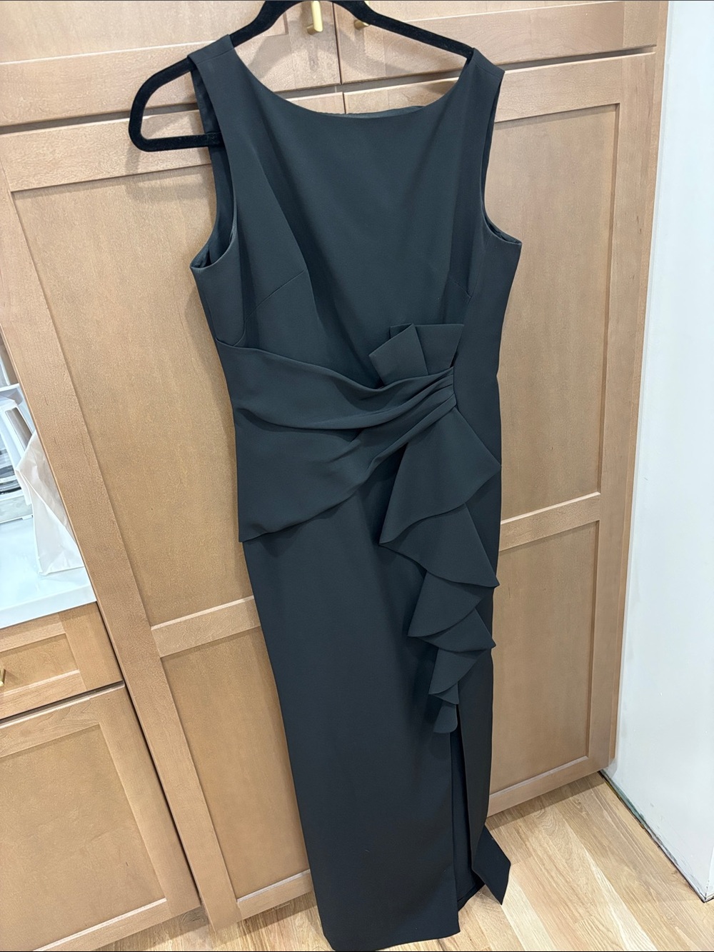 Eliza J Black Sleeveless Dress with Draped Ruffle Accent and Slit